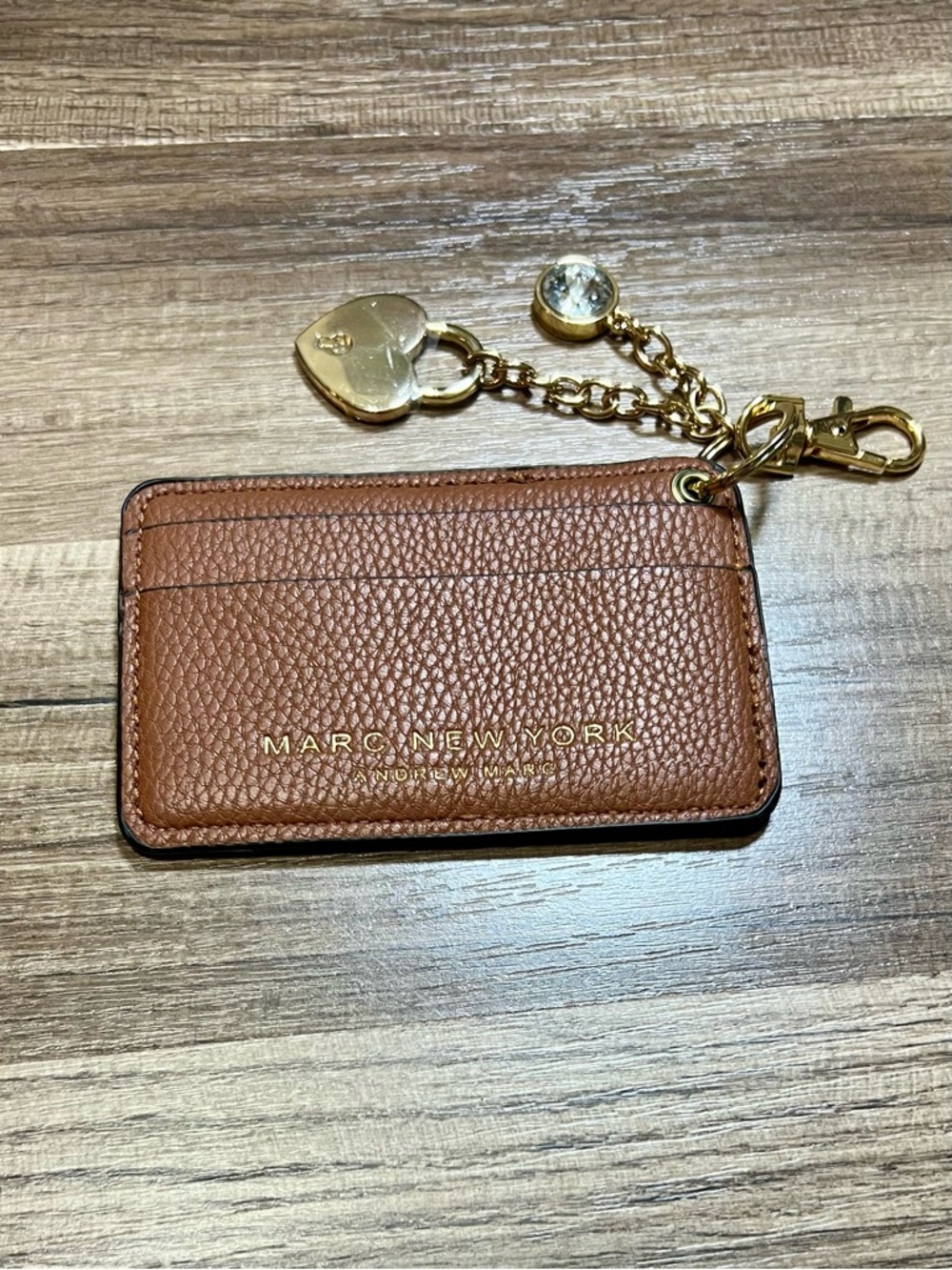 Marc New York Tan Pebbled Leather ID Card Holder with Gold Key Ring